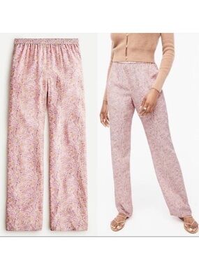 J. Crew Silk Pink Paisley Wide Leg Pants Size 8 Pull On Lined EUC